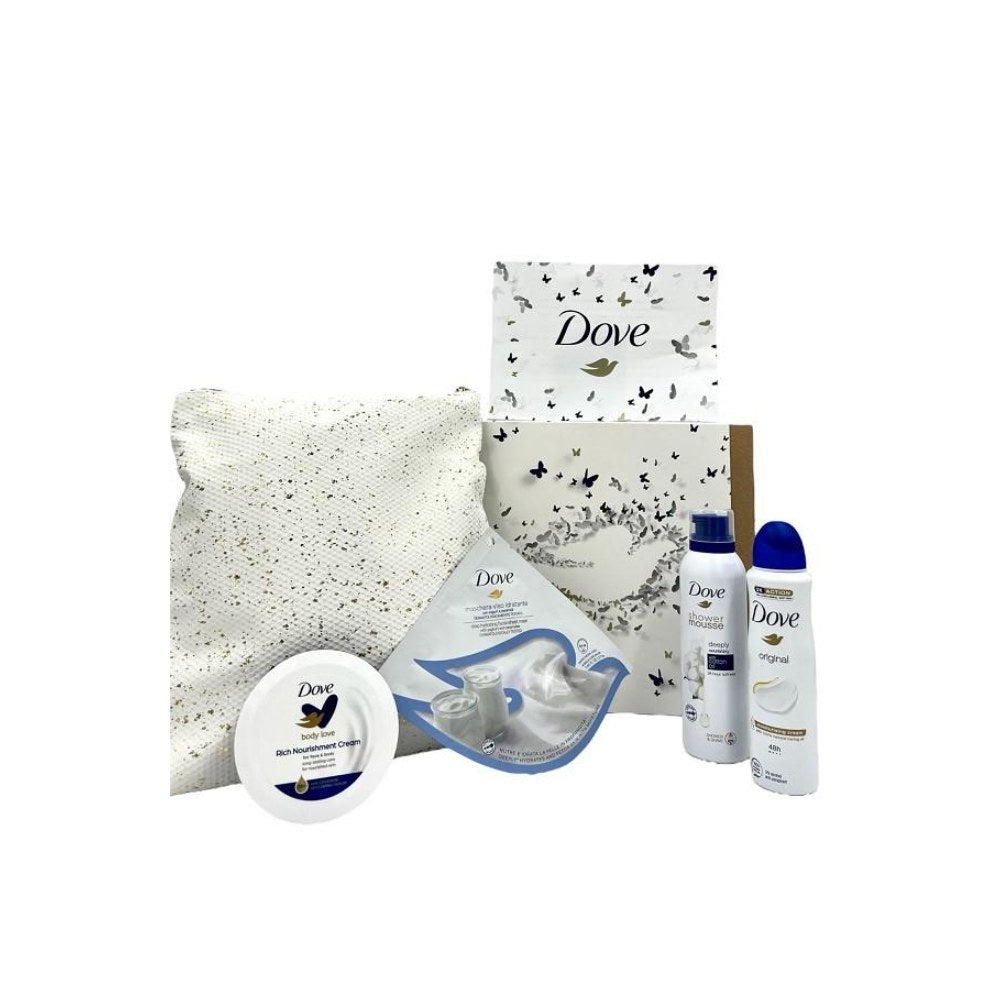 Dove Moisturizing Coffret Deo 150Ml + Shower Gel 200Ml + Body Lotion 150Ml + Maschera Viso + Pochette